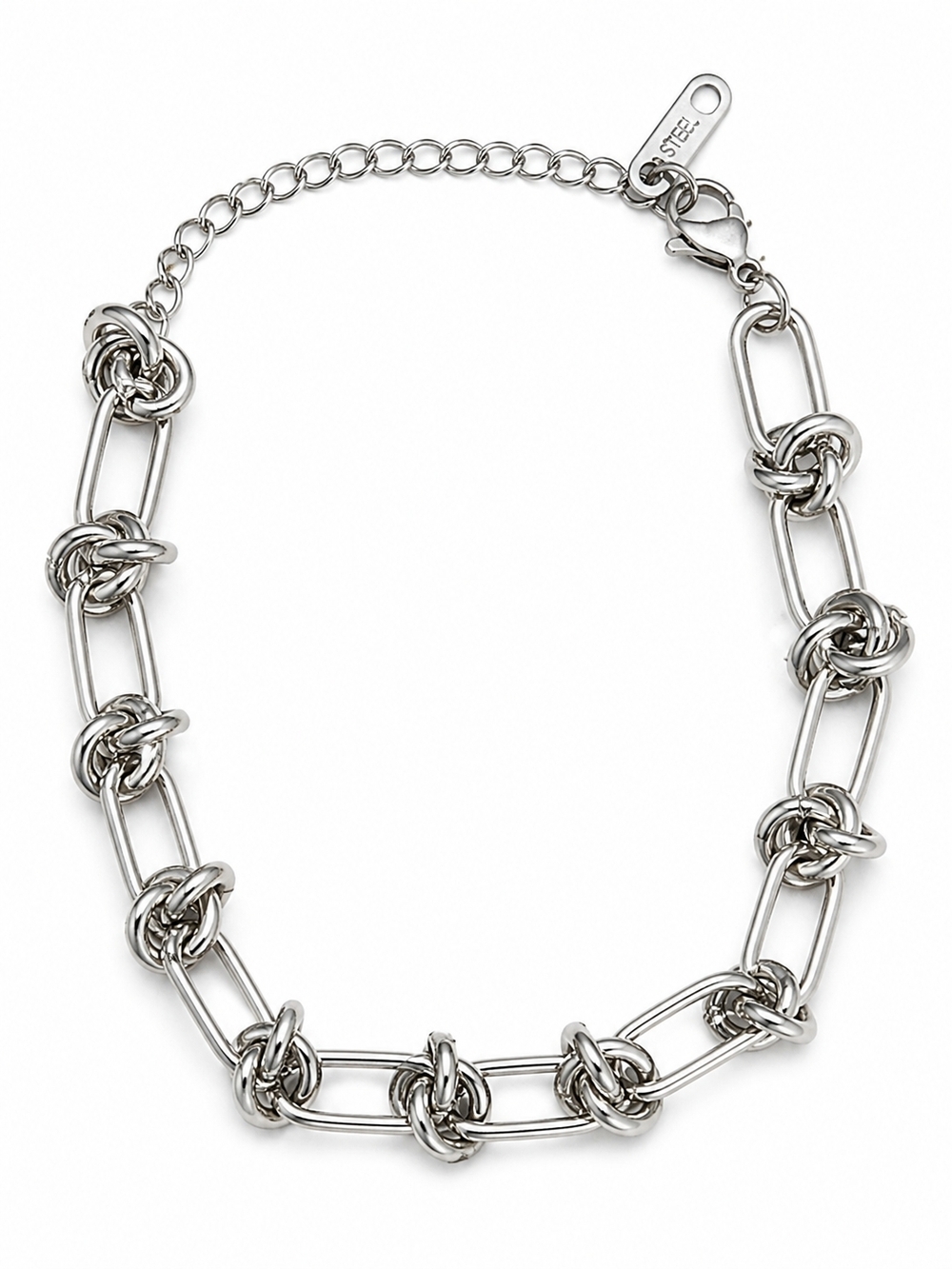 Stainless Steel Knot Link Chain Bracelet | Silver Tone Chunky Adjustable